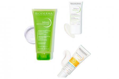 Presentation of the Bioderma skincare routine for acne-prone skin to prepare the skin for the sun