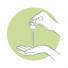 Pictogram showing drops of a skin serum being poured into a hand, part of a clear skin routine.